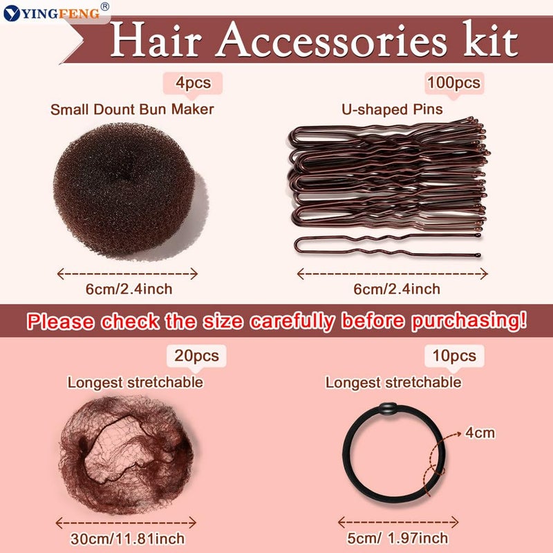 YINGFENG 134 Pcs Brown Hair Bun Maker Kit for Kids Small - 4 Hair Donuts for Buns, 20 Hair Nets for Buns, 100 U Shaped Bobby Pins, 10 Hair Bands, for Girls, Ballet Dance, Hair Accessories for Women - Image 3